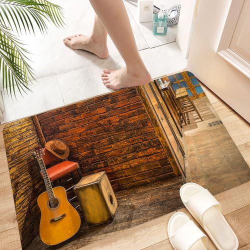 HKPOEQ Super Absorbierende Badezimmerteppich Waschbar Schnelltrocknende Badvorleger Duschvorleger für Badezimmer,Musikset, Musikinstrumente auf Holzbühne in Einer Getränkebar, Theke,60x100 cm von HKPOEQ