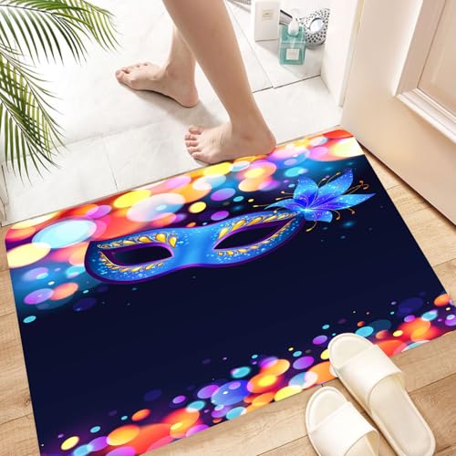 HKPOEQ Super Absorbierende Badezimmerteppich Waschbar Schnelltrocknende Badvorleger Duschvorleger für Badezimmer,Venedig, Leuchtend Blaue Karnevalsmaske mit verzierter Blume und Wimperntusc,60x100 cm von HKPOEQ