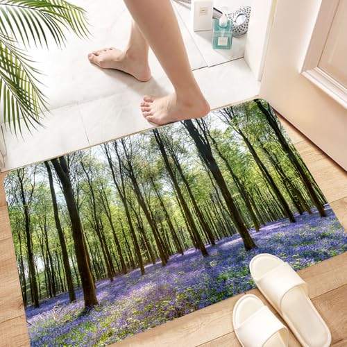 HKPOEQ Super Absorbierende Badezimmerteppich Waschbar Schnelltrocknende Badvorleger Duschvorleger für Badezimmer,Wald, Glockenblumen in Wepham Woods Landschaft Blumen ländlichen Landschaft,60x100 cm von HKPOEQ