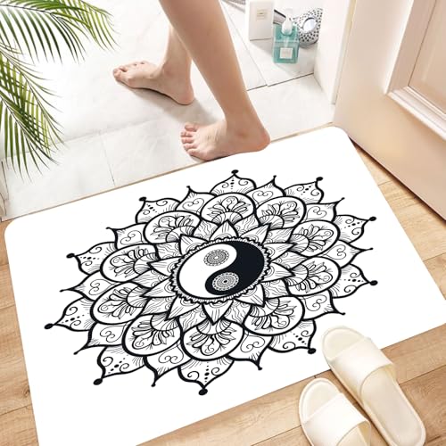 HKPOEQ Super Absorbierende Badezimmerteppich Waschbar Schnelltrocknende Badvorleger Duschvorleger für Badezimmer,Ying Yang, Retro-Blumen-Yin-Yang-Design MIT Mandala-Muster,60x100 cm von HKPOEQ