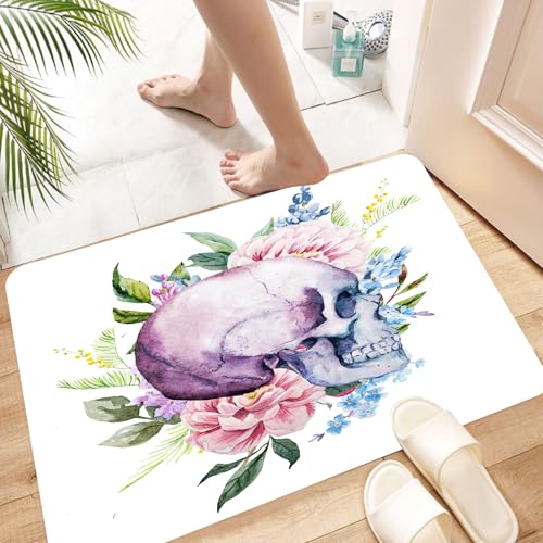 HKPOEQ Super Absorbierende Badezimmerteppich Waschbar Schnelltrocknende Badvorleger Duschvorleger für Badezimmer,der Schädel ist von Blumen und Blättern umgeben, Kunstwerk von Schädeln, Arm,60x100 cm von HKPOEQ