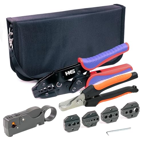 HKS Koax Ratsche Crimpwerkzeug Kit für Koax RG-Kabel RF-Stecker mit 5 wechselbaren Schneideisen, rotierender Koaxialkabel Abisolierzange / Cutter und Abisolierzange / Cutter Piler HKS Koax Ratsche Crimpwerkzeug Kit für Koax RG-Kabel RF-Stecker mit 5 wechselbaren Schneideisen, rotierender Koaxialkabel Abisolierzange / Cutter und Abisolierzange / Cutter Piler von HKS