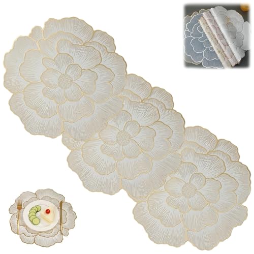 HKSDKABOP PVC runde, Hohle Tischkissen, Tischsets 3er-Pack PVC rutschfest Hitzebeständig Waschbar Pfingstrosenmuster Mehrfarbig(Gold) von HKSDKABOP