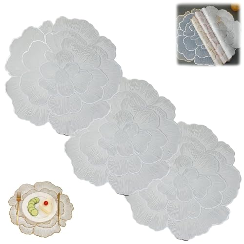 HKSDKABOP PVC runde, Hohle Tischkissen, Tischsets 3er-Pack PVC rutschfest Hitzebeständig Waschbar Pfingstrosenmuster Mehrfarbig(Silver) von HKSDKABOP