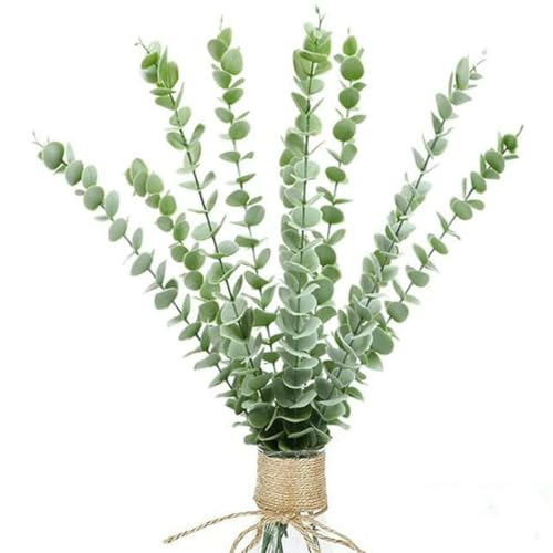 Vase mit künstlichen Blumen, 12/10PCS Eukalyptus Blätter Haufen Zweig Künstliche Pflanzen Blätter Grüne Stiele Hochzeit Faux Gefälschte Blumen Kuchen DIY Decor(12pcs Light Green) von HKSDKABOP