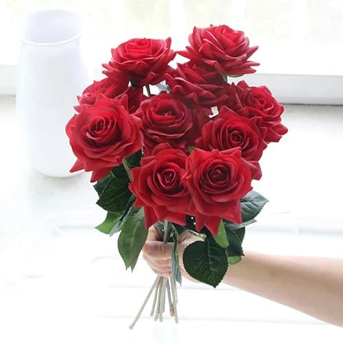 Vase mit künstlichen Blumen, 15pc Real Touch Rose Zweig Latex Künstliche Rose Bouquet Dekor Hause Hochzeit Party(Red) von HKSDKABOP
