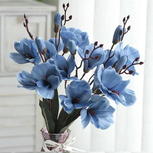 Vase mit künstlichen Blumen, 5 Gabeln 20 Köpfe Künstliche Blumen Herbst Magnolia Home Decor Blumendekoration Gefälschte Weihnachten Hochzeitszubehör(Deep Blue) von HKSDKABOP
