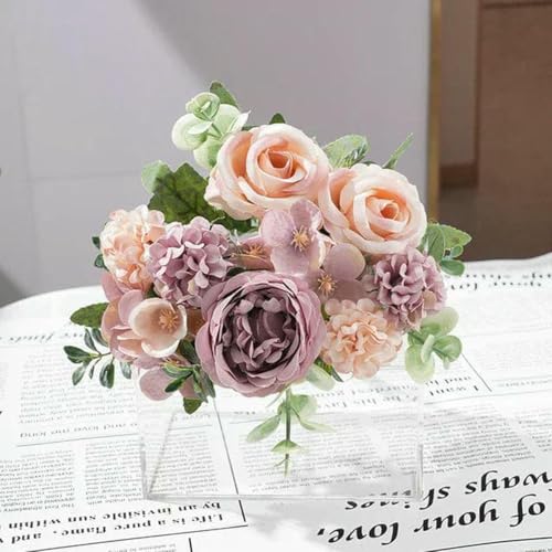 Vase mit künstlichen Blumen, 7 Köpfe Künstliche Pfingstrose Blumen Seide Rose Hortensie Brautstrauß Home Zimmer Tischdekoration Party Hochzeit Weihnachten Gefälschte Pflanze(Purple) von HKSDKABOP