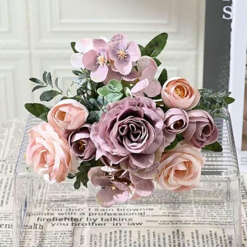 Vase mit künstlichen Blumen, 7 Köpfe Künstliche Pfingstrose Blumen Seide Rose Hortensie Brautstrauß Home Zimmer Tischdekoration Party Hochzeit Weihnachten Gefälschte Pflanze(Purple-a) von HKSDKABOP