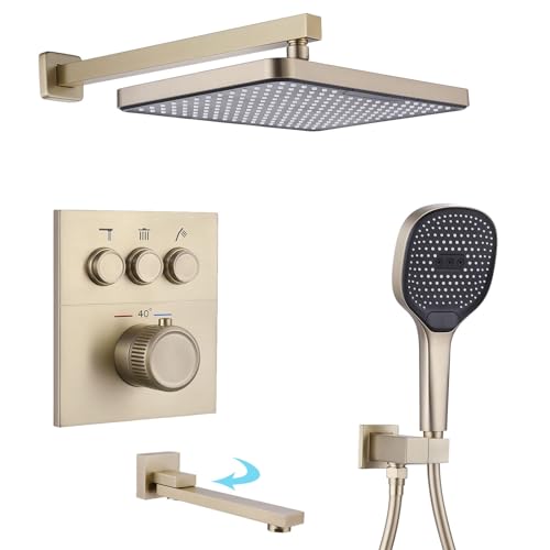 HKTHE Duschsystem mit Thermostat, HSS0465 Modern Duschset Unterputz, 30x20cm Regen Klaviertasten Duschamaturenset Regendusche Wandmontage, mit Handbrause, Faltbarer Badewannenhahn, 59A Kupfer von HKTHE