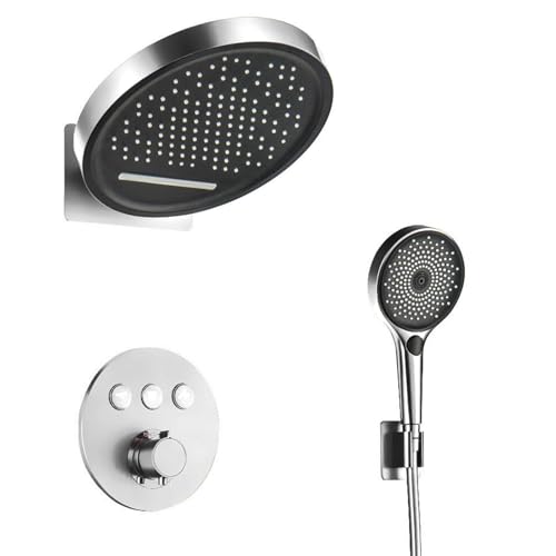 HKTHE Duschsystem mit Thermostat, HSS0524 Modern Duschset Unterputz, Innovativ Klaviertasten, 12in/32cm Duschamaturenset Regendusche Wandmontage, 3-Modus-Handbrause, 59A Messingmischventil von HKTHE