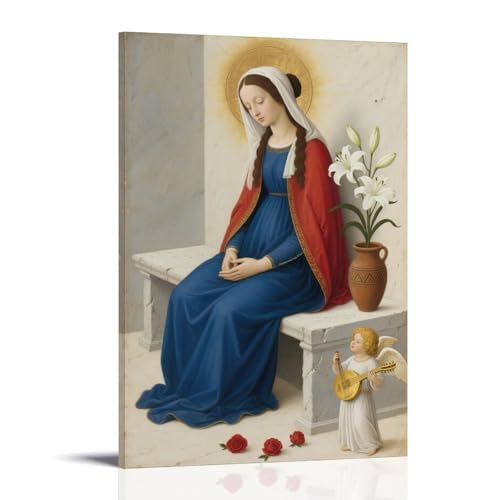 HKXXMTQMM Maria auf Steinbank, Lilien neben ihr, zeitgenössisches Wandbild, dekoratives Wandbild, 40 x 60 cm von HKXXMTQMM