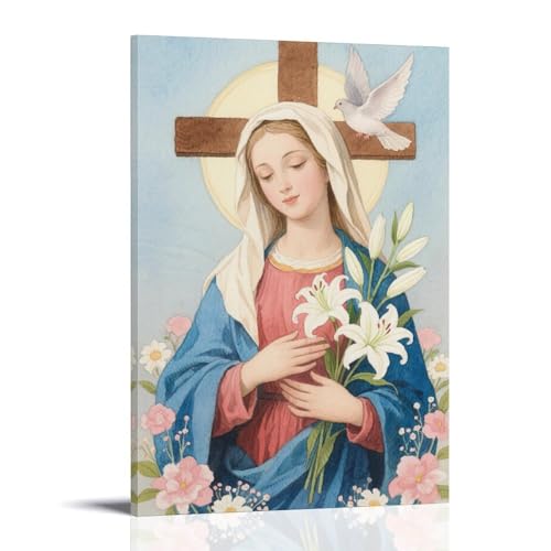 HKXXMTQMM Maria mit Lilien, Taube auf Blumen, Kreuz hinter zeitgenössischer Wandkunst, dekoratives Wandbild, 50 x 75 cm von HKXXMTQMM