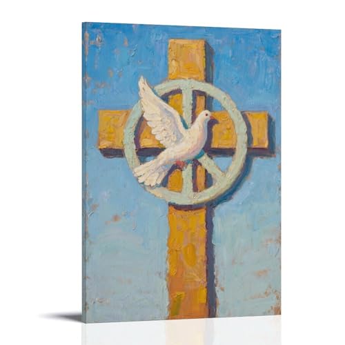 HKXXMTQMM Taube auf Kreuz, Friedens-Symbol, zeitgenössische Wandkunst, dekoratives Wandbild, 40 x 60 cm von HKXXMTQMM