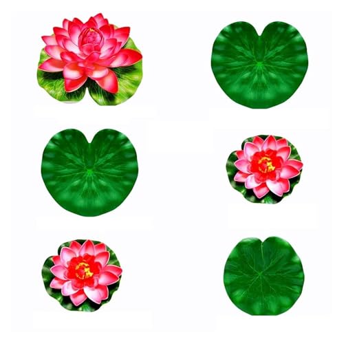 HKYBCF Künstlicher Lotus mit 3 Blumen und 3 Blättern, realistische, im Wasser schwimmende Schaumlotusblüten, künstliches Seerosenblatt, for den Gartenteich(Red) von HKYBCF