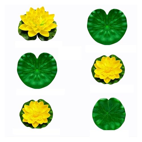 HKYBCF Künstlicher Lotus mit 3 Blumen und 3 Blättern, realistische, im Wasser schwimmende Schaumlotusblüten, künstliches Seerosenblatt, for den Gartenteich(Yellow) von HKYBCF