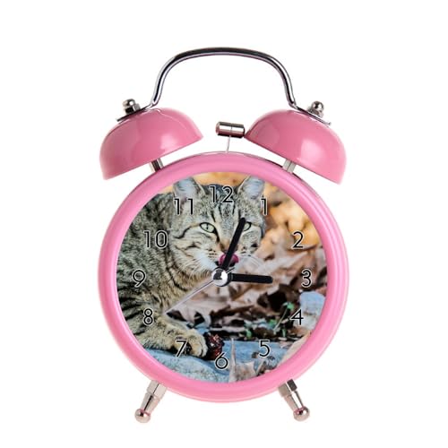 Kinder Wecker retro leise Zeiger Uhren Runde Nummer Doppel Glocken s hohe Wecker rosa Farben Nachtlicht Heimtextilien schwarz und weiß Tabby Katze auf weißem Stein von HKYFC