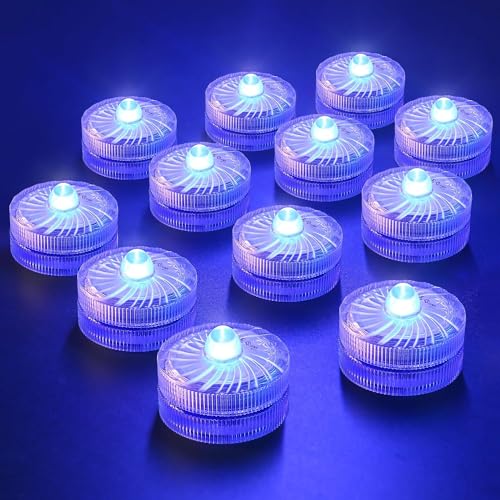 HL Flammenlose LED Kerzen Teelichter, Mini Unterwasser Licht, 100 Stunden LED Teichbeleuchtung Dekolichter für Teich, Pool, Aquarium, Vase, Badewanne, Spa, Party, Festival（12 Stück, Blau） von HL