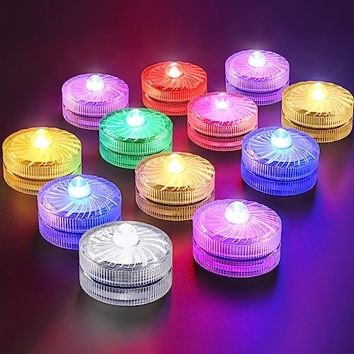 HL Flammenlose LED Kerzen Teelichter, Mini Unterwasser Licht, 100 Stunden LED Teichbeleuchtung Dekolichter für Teich, Pool, Aquarium, Vase, Badewanne, Spa, Party, Festival（12 Stück, RGB） von HL