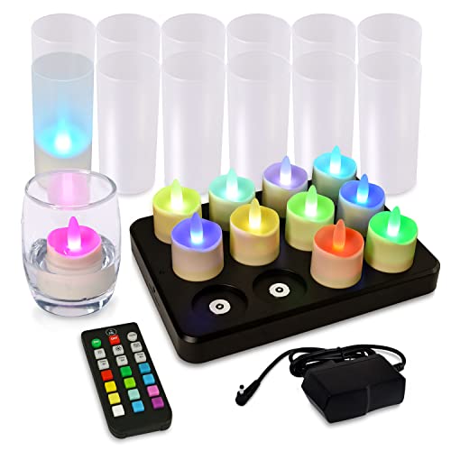 HL 12er Wiederaufladbare LED Teelichter Farbwechsel mit Fernbedienung Timer,Flackern Elektrische RGB Aufladbare Kerzen 52Stunden,Leuchtdauer für Weihnachten Halloween Party Familie Candle von HL