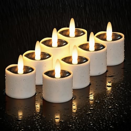 HL Solar Teelichter Für Außen, Solarkerzen Außen Wasserdicht, Solar Kerzen Outdoor Dusk To Dawn Solarlichter Wiederaufladbar LED Flackernd Für Garten Party Tisch Deko (Warmweiß 8 Stück 5×6cm) von HL