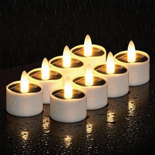 HL Solar Teelichter für Außen Wasserdicht,Flammenlose Solarkerzen,Solar licht outdoor Dusk To Dawn solarlichter Wiederaufladbar LED Flackernd für Garten Party Tisch Deko(Warmweiß 8 Stück 3.8cm) von HL