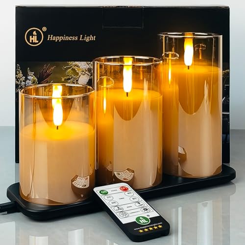 HL Wiederaufladbare flackernde flammenlose Kerzen, Gold Glas realistische LED batteriebetriebene Kerzen mit Fernbedienung Timer Säulenkerzen für Festival Weihnachten Home Decor 3 Stück von HL