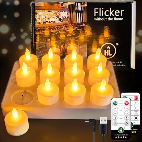 HL Led Teelichter Wiederaufladbar mit Fernbedienung und Timerfunktion, 50+Stunden Aufladbare LED Akku Kerzen mit Ladestation und USB-Kabel für Party Weihnachten Halloween Deko,12 Stück Gelb von HL