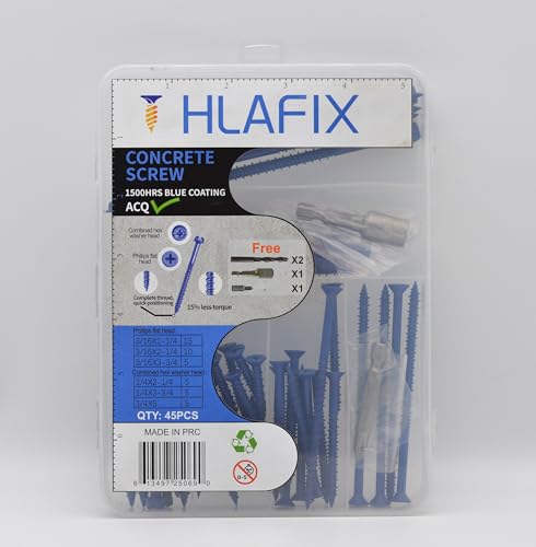 HLAFIX Fastener Blue Ruspert Beschichtung Beton Schrauben-Sortiment Kit, Sechskant-Unterlegscheibenkopf, scharfe Spitze, 45 Stück in Blisterverpackung HLAFIX Fastener Blue Ruspert Beschichtung Beton Schrauben-Sortiment Kit, Sechskant-Unterlegscheibenkopf, scharfe Spitze, 45 Stück in Blisterverpackung von HLAFIX