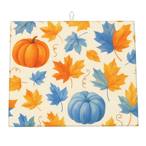 Abtropfmatte für Küchentheke, Herbstmotiv, orange-blau, Kürbis, Ahornblatt, Thanksgiving, Mikrofaser-Abtropfmatten, Küchenarbeitsplattenschutz, saugfähiges Abtropfgestell, 40,6 x 45,7 cm Abtropfmatte für Küchentheke, Herbstmotiv, orange-blau, Kürbis, Ahornblatt, Thanksgiving, Mikrofaser-Abtropfmatten, Küchenarbeitsplattenschutz, saugfähiges Abtropfgestell, 40,6 x 45,7 cm von HLBSDM