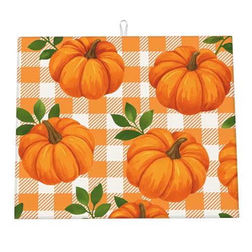Abtropfmatte für die Küchentheke, Herbst, Kürbisblatt, orange-weißes Karomuster, Thanksgiving, Mikrofaser-Abtropfmatten, Küchenarbeitsplattenschutz, saugfähiges Abtropfgestell, 40,6 x 45,7 cm Abtropfmatte für die Küchentheke, Herbst, Kürbisblatt, orange-weißes Karomuster, Thanksgiving, Mikrofaser-Abtropfmatten, Küchenarbeitsplattenschutz, saugfähiges Abtropfgestell, 40,6 x 45,7 cm von HLBSDM