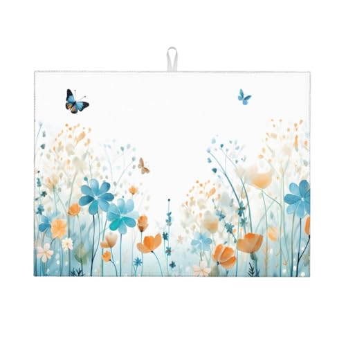 Abtropfmatte mit Aquarell-Blumen-Schmetterling, 18 x 24, saugfähige Abtropfunterlage für Küchentheke, Spüle, Mikrofaser-Abtropfunterlage für Küchenzubehör von HLBSDM