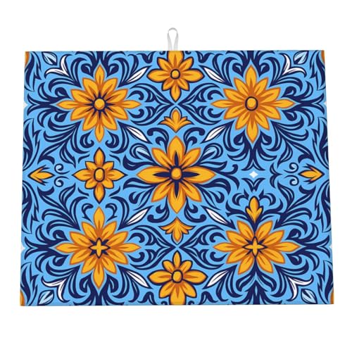 Abtropfmatte mit Boho-Motiv, blau-gelbe Blumen, für Küchentheke, ethnische Kunst, Blumenmuster, Fliesen-Trockenmatten, Mikrofaser-Abtropfmatte, Schutzpolster, saugfähig, schnell trocknend, Küchen-M Abtropfmatte mit Boho-Motiv, blau-gelbe Blumen, für Küchentheke, ethnische Kunst, Blumenmuster, Fliesen-Trockenmatten, Mikrofaser-Abtropfmatte, Schutzpolster, saugfähig, schnell trocknend, Küchen-M von HLBSDM