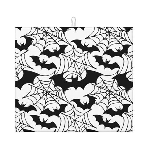 Abtropfmatte mit Halloween-Fledermaus-Spinnennetz, 16 x 18, saugfähige Abtropfunterlage für Küchentheke und Spüle, Mikrofaser-Abtropfunterlage für Küchenzubehör von HLBSDM