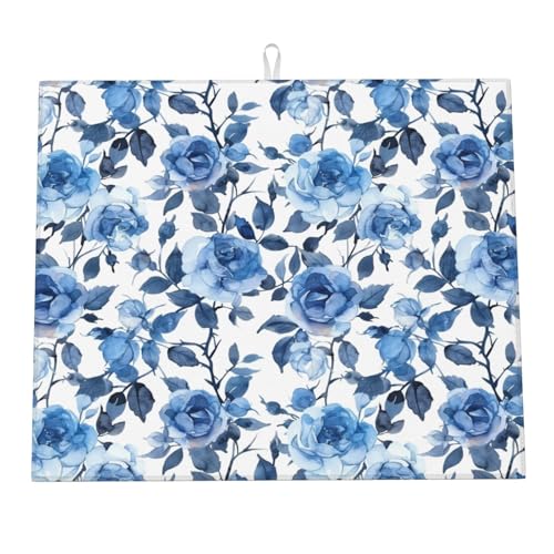 Abtropfmatte mit blauen Rosen und Blumen für die Küchentheke, Wasserfarben-Blumenmuster, Abtropfmatten aus Mikrofaser, Schutzpolster, saugfähig, schnell trocknend, Küchen-Must-Have, 40,6 x 45,7 cm Abtropfmatte mit blauen Rosen und Blumen für die Küchentheke, Wasserfarben-Blumenmuster, Abtropfmatten aus Mikrofaser, Schutzpolster, saugfähig, schnell trocknend, Küchen-Must-Have, 40,6 x 45,7 cm von HLBSDM