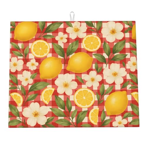 Abtropfmatte mit gelbem Zitronen-Blumenmuster für die Küchentheke, Vintage-Stil, rot kariert, weiße Blumen, Abtropfmatten aus Mikrofaser, Abtropfmatte, Schutzpolster, saugfähig, schnell trocknend, Abtropfmatte mit gelbem Zitronen-Blumenmuster für die Küchentheke, Vintage-Stil, rot kariert, weiße Blumen, Abtropfmatten aus Mikrofaser, Abtropfmatte, Schutzpolster, saugfähig, schnell trocknend, von HLBSDM