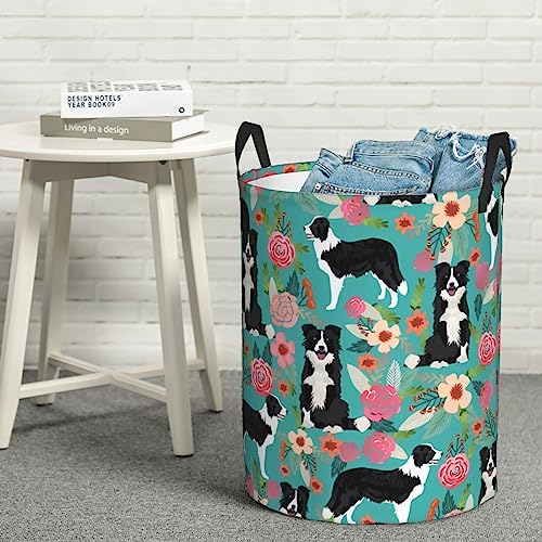 Runder Wäschekorb mit Griffen, wasserdichter für Badezimmer, Border Collie Florals, Runder Wäschekorb Aufbewahrungskorb, leichter Organizer-Korb für schmutzige Kleidung von HLBSDM
