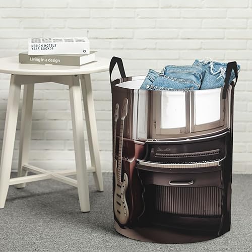 Runder Wäschekorb mit Griffen, wasserdichter für Badezimmer, Gitarre, Bass, Musik, Musikinstrumente, Runder Wäschekorb Aufbewahrungskorb, leichter Organizer-Korb für schmutzige Kleidung von HLBSDM