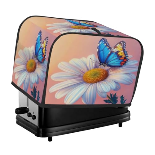 Toasterabdeckung für 2 Scheiben, weiße Sonnenblume, blauer Schmetterling, universeller staubdichter und wasserdichter Toasterschutz, kratzfester Stoff für Küchengeräte von HLBSDM