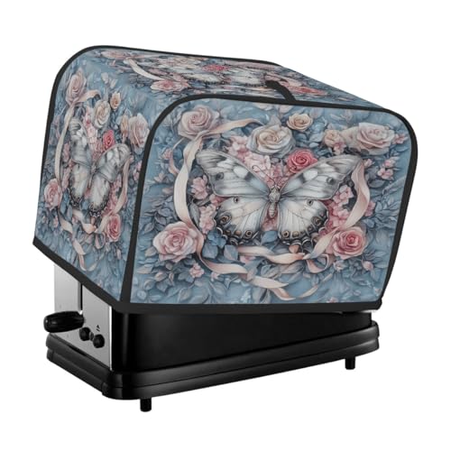 Toasterabdeckung für 4 Scheiben, blauer Schmetterling, rosa Satinrose, universeller staubdichter und wasserdichter Toasterschutz, kratzfester Stoff für Küchengeräte von HLBSDM
