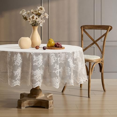 HLC.ME Jolene Tischdecke mit floralem Spitzenstoff, Spitzenstoff, Tischdecke für runde Tische, knitterfreie Tischdecke, gemusterte gewellte Tischdecke (70 rund, Leinen-Taupe) von HLC.ME