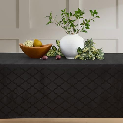 HLC.ME Modena Schwarze Tischdecke, Jacquard-Stoff, Esstischdecke für rechteckige Tische, fortschrittlich, auslaufsicher, wasserabweisend, geometrisches Gittermuster, Schwarz, 144 x 213 cm von HLC.ME