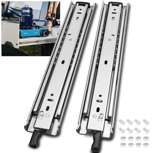 HLC Heavy Duty Locking Drawer Slides 1 Pair Full Extension Drawer Slides with Lock 100 kg Load Capacity 3-fold Full Extension Side Mount Ball Bearing Industrial Locking Rail Silver (650mm(26 inch)) von HLC