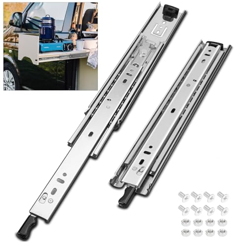 HLC Heavy Duty Locking Drawer Slides 1 Pair Full Extension Drawer Slides with Lock 100 kg Load Capacity 3-fold Full Extension Side Mount Ball Bearing Industrial Locking Rail Silver von HLC