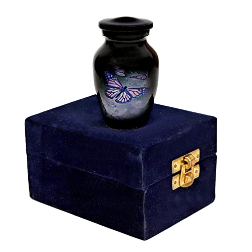 hlc Schöne schwarze Schmetterlings-Urne für menschliche Asche mit 1 Samt-Box, Andenken-Urne – schöne friedliche Mini-Gedenkurne (8,9 cm) von HLC