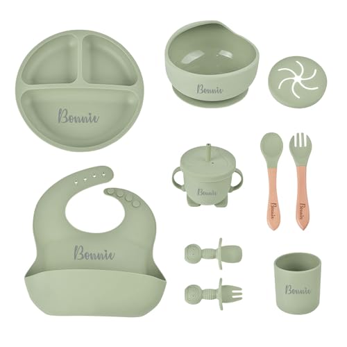 Personalisiertes Silikon-Baby-Essset mit Namen, individuelles Baby-Selbstentwöhnungsset, Selbstfütterungsgeschirr mit Löffel, Gabel, Silikon-Saugnapfschale, Tasse, Teller Armeegrün von HLCYANYA