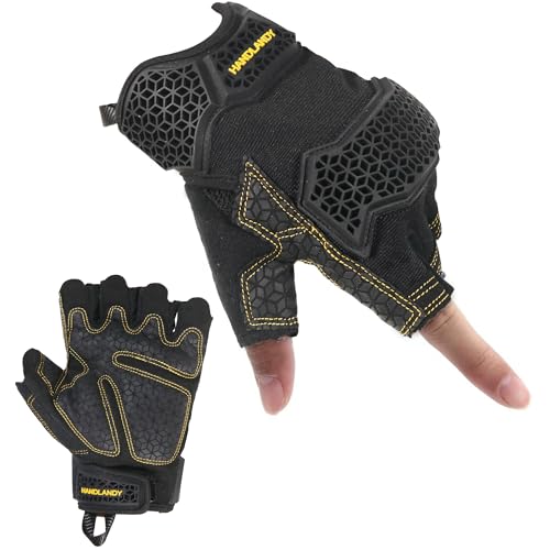 HLDD HANDLANDY Fingerlose Arbeitshandschuhe Männer - Gepolsterte halbe Finger Motorradhandschuhe mit TPR Aufprallschutz für Kampf, Jagd, Outdoor-Arbeit von HLDD HANDLANDY