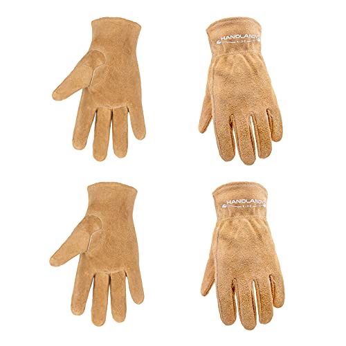 HLDD HANDLANDY Kinder Leder Arbeitshandschuhe, 2 Paar Kinder Gartenarbeitshandschuhe, Kinder Rindsleder Gartenhandschuhe für Alter 2-9 Mädchen Jungen (M (Alter 4–6), braun) von HLDD HANDLANDY