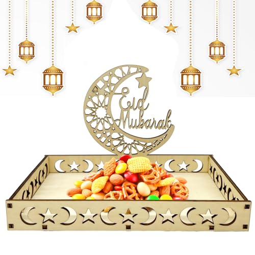 Eid Mubarak Tablett, Ramadan Teller Ramadan Holz Tablett,Ramadan Tablett, Dessertsnacks Serviertablett mit Mond und Stern Muster Ramazan Deko für Süßigkeiten Kuchen Kekse,Geeignet für Eid al-Fitr von HLFMQZEI