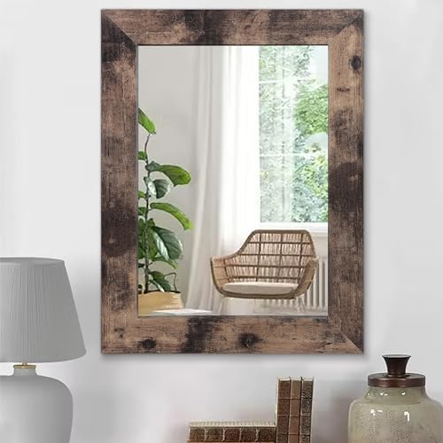 HLFMVWE Große Schwarze Vintage rustikale Holz Gerahmt Wandspiegel Bauernhaus Rectanglular Spiegel antike Breite Trim Dekor hängenden Wandspiegel für Wohnzimmer Bad Schlafzimmer Eingang 65 x 45 cm von HLFMVWE